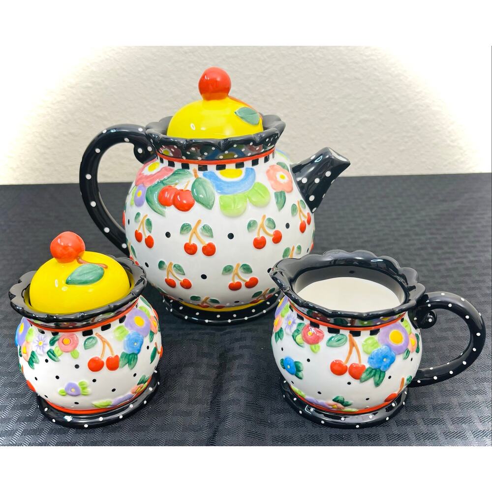 Mary Englebreit Oh So Breit Teapot Creamer Sugar Set, Cherries Flowers